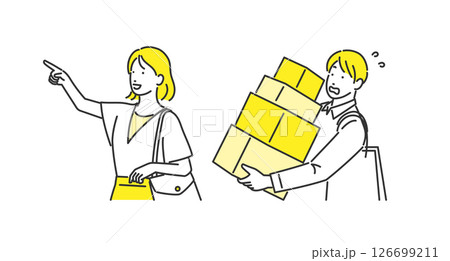 男性に荷物を持たせて買い物を楽しんでいる女性 男性に荷物を持たせて買い物を楽しんでいる女性 126699211