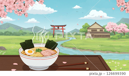日本風景とラーメンの可愛いイラスト 126699390