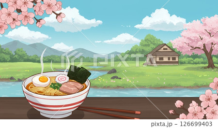 日本風景とラーメンの可愛いイラスト 126699403
