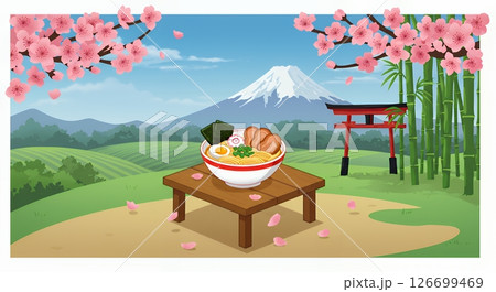 日本風景とラーメンの可愛いイラスト 126699469