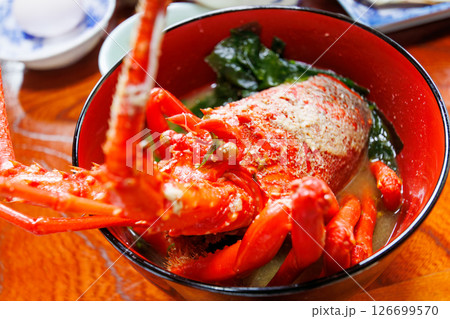 イセエビの味噌汁とアジの干物。民宿の美味しい朝食。 ヒリゾ浜中木南伊豆町伊豆半島静岡県2024 イセエビの味噌汁とアジの干物。民宿の美味しい朝食。 ヒリゾ浜中木南伊豆町伊豆半島静岡県2024 126699570