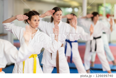 Women in a white kimono in training on a map 126699740