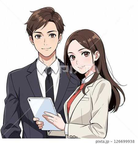 タブレットを持つ若いビジネス男女の上半身アニメイラスト（白背景） 126699938