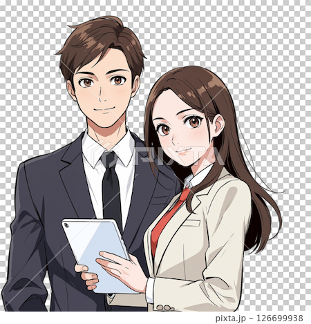 タブレットを持つ若いビジネス男女の上半身アニメイラスト（白背景） 126699938