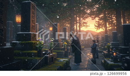 生成Ai画像　日本の墓、寺の墓、墓参り風景17 126699956
