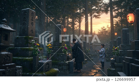 生成Ai画像　日本の墓、寺の墓、墓参り風景16 126699957