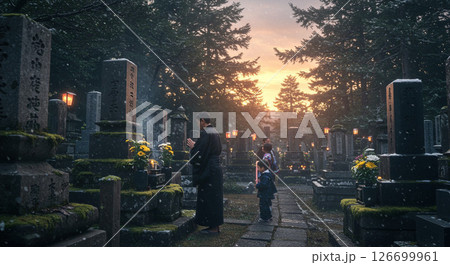 生成Ai画像　日本の墓、寺の墓、墓参り風景 126699961