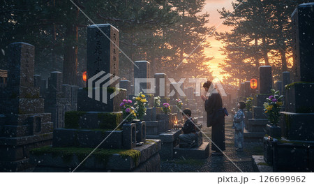 生成Ai画像　日本の墓、寺の墓、墓参り風景12 126699962