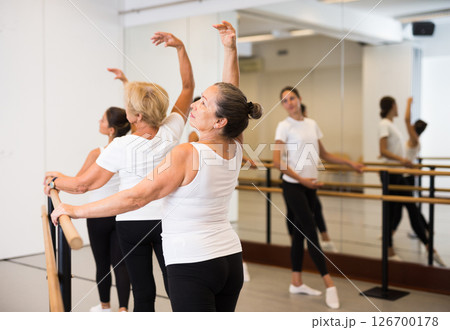 Women exercising ballet moves in training room 126700178