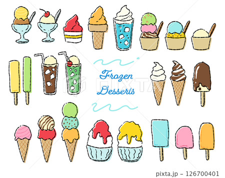 手描きラフテイストなアイスや氷菓子のイラストセット(カラー) 126700401