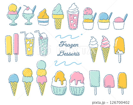 手描きラフテイストなアイスや氷菓子のイラストセット(パステルカラー) 126700402
