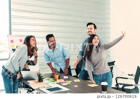 Happy business people holding dollar money and throw in the air celebrate happiness dance wealth lottery money rain drop concept. Success business cash flow corporate coworkers in company. Happy money 126700619
