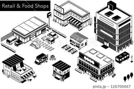 コンビニやスーパーなど店舗外観セット、シンプルな白黒線画のアイソメトリックイラスト 126700887