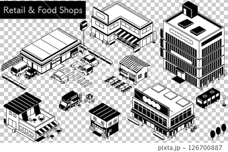 便利商店和超市商店外部佈景，簡單的黑白線等距插圖 126700887
