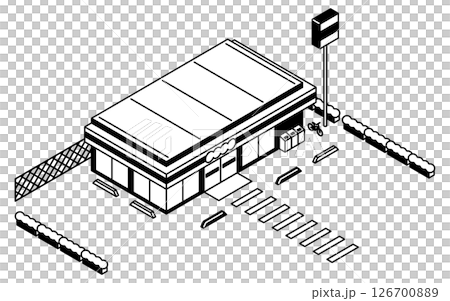駐車場に車の停まっていないコンビニエンスストア、シンプルな白黒線画のアイソメトリックイラスト 126700889