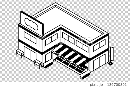 2階建てのスーパーやドラッグストアのイメージ、シンプルな白黒線画のアイソメトリックイラスト 126700891