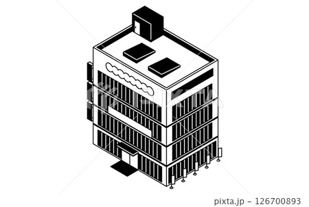 大型商業施設、シンプルな白黒線画のアイソメトリックイラスト 126700893