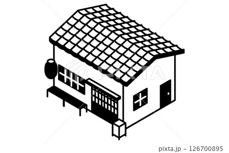 瓦屋根と引き戸のレトロな赤ちょうちんのある和風居酒屋、シンプルな白黒線画のアイソメトリックイラスト 126700895