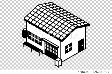 瓦屋根と引き戸のレトロな赤ちょうちんのある和風居酒屋、シンプルな白黒線画のアイソメトリックイラスト 126700895