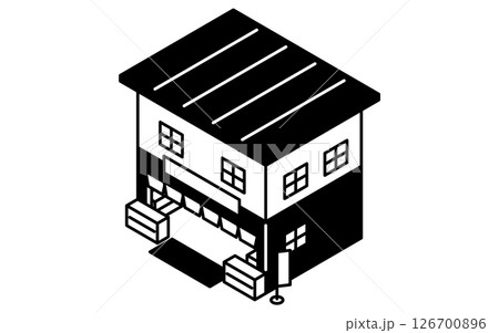のれんがかかった個人商店、シンプルな白黒線画のアイソメトリックイラスト 126700896