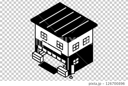のれんがかかった個人商店、シンプルな白黒線画のアイソメトリックイラスト 126700896