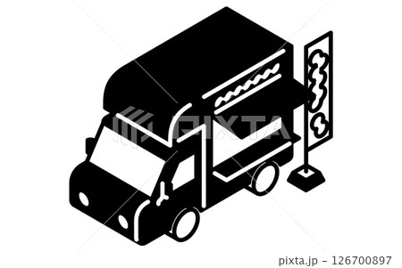 キッチンカー、シンプルな白黒線画のアイソメトリックイラスト キッチンカー、シンプルな白黒線画のアイソメトリックイラスト 126700897
