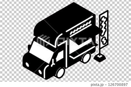 キッチンカー、シンプルな白黒線画のアイソメトリックイラスト キッチンカー、シンプルな白黒線画のアイソメトリックイラスト 126700897