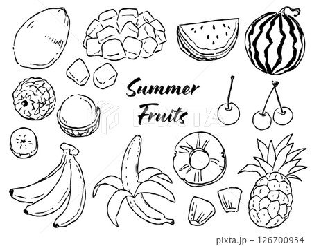 手描きラフテイストな夏が旬のフルーツイラストセット(モノクロ線画) 126700934