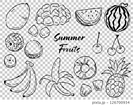 手描きラフテイストな夏が旬のフルーツイラストセット(モノクロ線画) 126700934