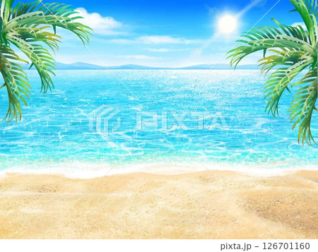 夏の砂浜とヤシの木ー雲のある青い空と海の美しいフレームイラスト素材 夏の砂浜とヤシの木ー雲のある青い空と海の美しいフレームイラスト素材 126701160