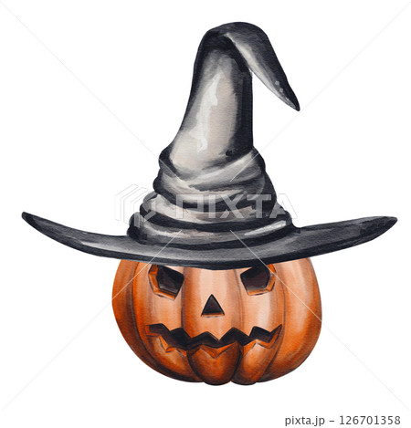 Pumpkin in a witch hat. Big orange vegetable. Halloween decor. Jack's head. Lantern for the holiday. Witch accessories. Watercolor illustration without background. Hand drawing. Pumpkin in a witch hat. Big orange vegetable. Halloween decor. Jack's head. Lantern for the holiday. Witch accessories. Watercolor illustration without background. Hand drawing. 126701358