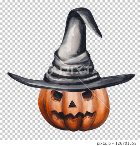 Pumpkin in a witch hat. Big orange vegetable. Halloween decor. Jack's head. Lantern for the holiday. Witch accessories. Watercolor illustration without background. Hand drawing. Pumpkin in a witch hat. Big orange vegetable. Halloween decor. Jack's head. Lantern for the holiday. Witch accessories. Watercolor illustration without background. Hand drawing. 126701358