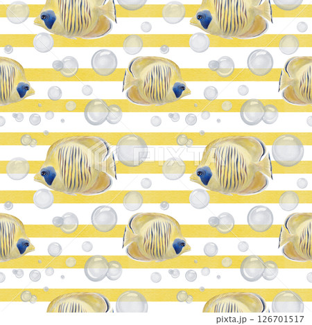 Seamless pattern with angelfish. Big yellow tropical fish with blue stripes. Lots of puffers. Yellow stripes on the background. Geometric pattern. Watercolor illustration. Hand drawn.  126701517