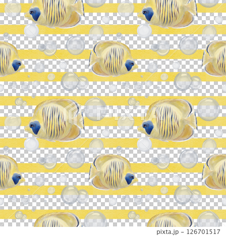 Seamless pattern with angelfish. Big yellow tropical fish with blue stripes. Lots of puffers. Yellow stripes on the background. Geometric pattern. Watercolor illustration. Hand drawn. Seamless pattern with angelfish. Big yellow tropical fish with blue stripes. Lots of puffers. Yellow stripes on the background. Geometric pattern. Watercolor illustration. Hand drawn. 126701517