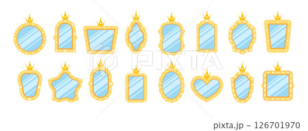 Princess mirror. Set of Childish wall mirror with different golden borders. Furniture for princess or royal room interior. Vintage Vector illustration in flat cartoon style 126701970