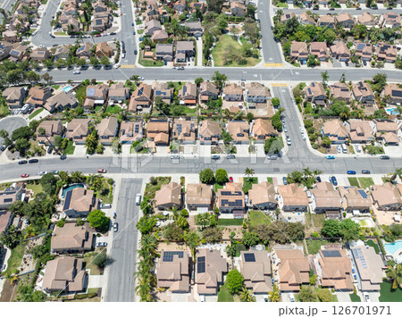 Aerial view of San Marcos neighborhood, with houses and street. South California 126701971