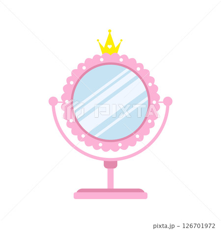 Princess mirror. Elegant table pink mirror with gold crown. Female antique decoration with cute vintage ornament. Vector illustration in flat cartoon style 126701972