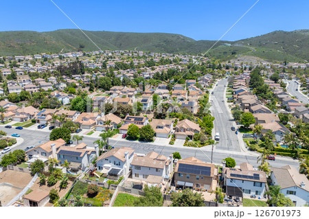 Aerial view of San Marcos neighborhood, with houses and street. South California 126701973