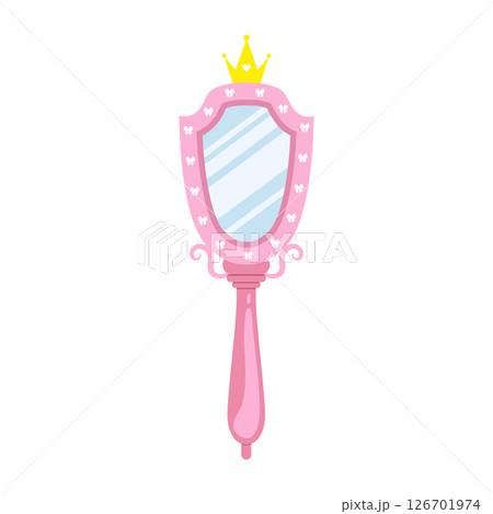 Princess mirror. Elegant handheld mirror with gold crown. Beauty tale. Teen and child girl self care accessory. Vector illustration in flat cartoon style 126701974