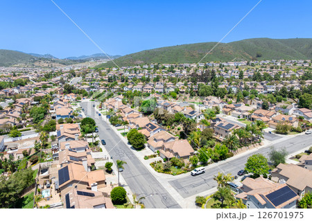 Aerial view of San Marcos neighborhood, with houses and street. South California 126701975