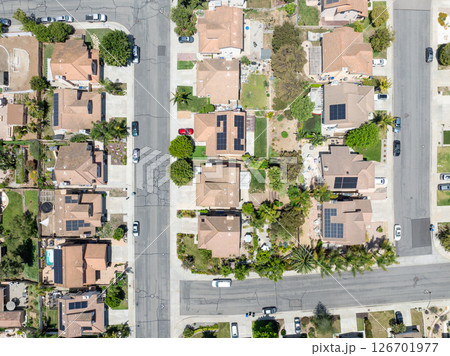 Aerial view of San Marcos neighborhood, with houses and street. South California 126701977