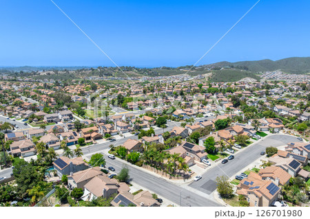 Aerial view of San Marcos neighborhood, with houses and street. South California 126701980