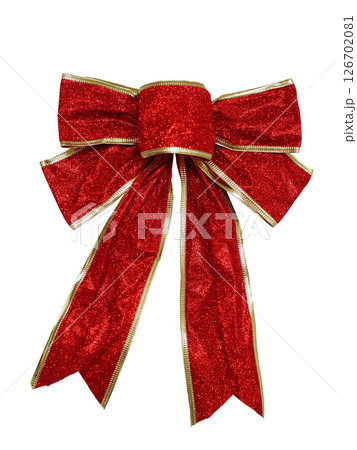 Festive Red Glitter Bow with Gold Trim. Isolated on White Festive Red Glitter Bow with Gold Trim. Isolated on White 126702081