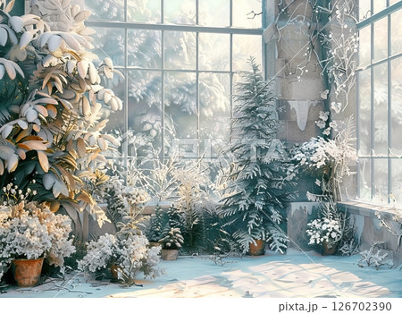 A winter scene in a greenhouse filled with snow-covered plants. Sunlight streams through large glass windows, illuminating the frosty atmosphere and creating a serene environment. 126702390