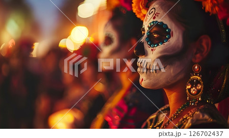 Two women with decorated skull makeup celebrate Day of the Dead. They wear colorful traditional clothing and floral headpieces. The background is filled with warm lights and a festive atmosphere. 126702437