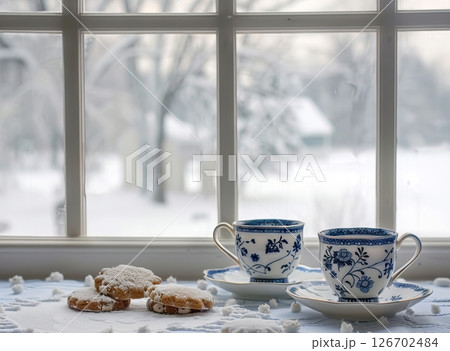 Two blue and white porcelain cups sit on a table with cookies. A snowy landscape is visible through the window, creating a cozy winter atmosphere. 126702484