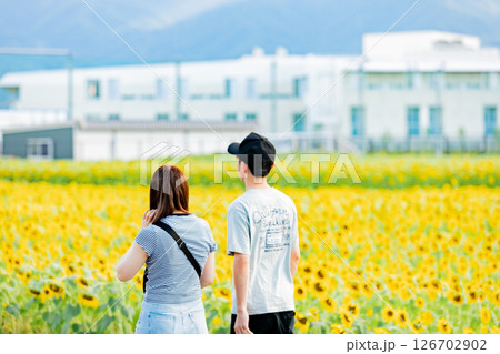 <安曇野>新村ひまわり畑を楽しむカップル <安曇野>新村ひまわり畑を楽しむカップル 126702902