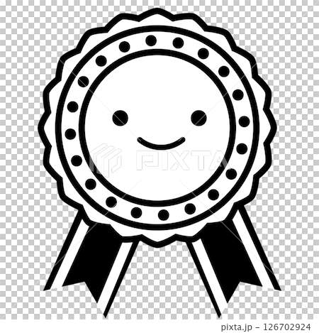 帶臉的可愛獎章圖標，單色線條畫（向量素材） 126702924