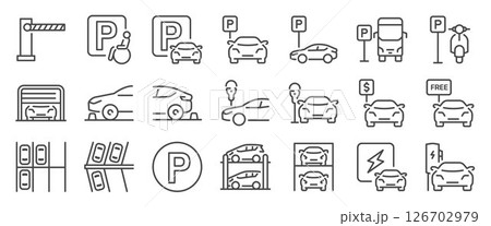 Car parking icon set. It included electric car charging, motorcycle parking, bus parking and more icons. Car parking icon set. It included electric car charging, motorcycle parking, bus parking and more icons. 126702979