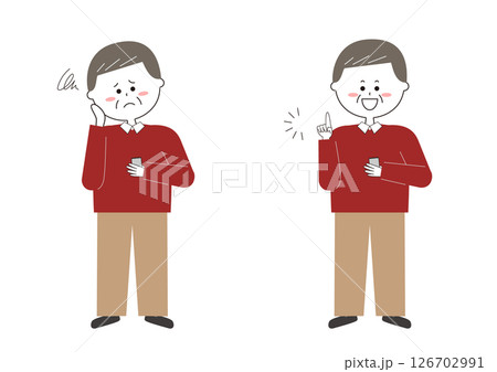 スマホの使い方がわからないシニア男性のイラスト スマホの使い方がわからないシニア男性のイラスト 126702991